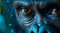 Close up macro shot of brown eyes with turquoise glitter makeup and water drops creating mysterious, dramatic artistic portrait in dark moody lighting.