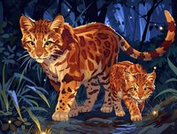 Bengal cat mother and kitten prowling through mystical night forest with glowing fireflies, spotted wild cats in moonlit jungle environment.