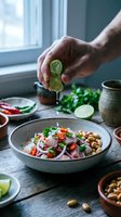 Male hand squeezing fresh lime juice over colorful salad bowl with vegetables, legumes and herbs in modern kitchen setting near window.