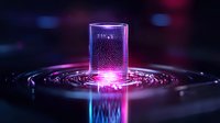 Glowing futuristic cylinder emerging from rippling liquid surface with neon pink and blue lights creating dramatic reflections and waves in dark atmosphere.