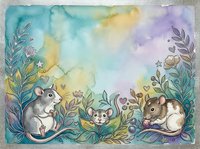Watercolor mice family in botanical garden with colorful background for children book illustration and nursery decor.