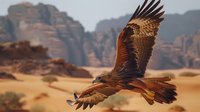 Majestic eagle soaring over desert landscape with wings spread wide against backdrop of rocky mountains and sand dunes in warm golden light.