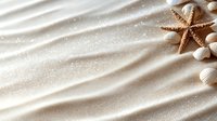 Starfish and seashells on rippled white sand with gentle shadows creating serene beach atmosphere. Natural sunlight adds sparkle to tranquil coastal scene.
