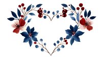 Romantic heart-shaped floral wreath with navy blue and burgundy red flowers, berries and leaves arranged in elegant composition on white background.