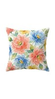 Watercolor floral throw pillow featuring coral, blue, and yellow blooms with green foliage on white background. Perfect for home decor and interior design projects.