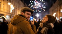 Young couple taking selfie with smartphone during winter evening celebration with festive lights and fireworks in background on city street.