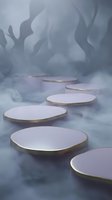 Abstract purple podium platforms floating in dreamy smoke clouds for luxury product display and branding presentations.