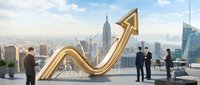 Businesspeople observing golden upward arrow symbol on rooftop overlooking city skyline, representing financial growth, market success, and rising profits for corporate strategy.