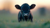 Adorable black calf standing in green grass field at sunset, looking directly at camera with curious expression. Perfect for farming and agriculture themes.
