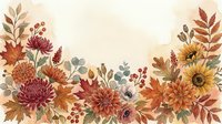 Watercolor autumn floral border with sunflowers, chrysanthemums, dahlias, and fall leaves in warm orange, red, and gold tones on beige background.