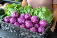 Fresh purple eggplants and green lettuce leaves in rustic wooden box. Close up view of organic farm vegetables arranged for market or cooking.