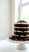 Decadent chocolate layer cake with fresh cherries and cream filling on white cake stand by bright window for celebrations and dessert photography.