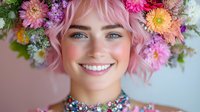 Young Caucasian woman with pink hair and bright smile wearing floral crown with colorful dahlias and spring flowers against pink background, natural makeup look.