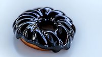 Chocolate glazed donut with dark shiny coating dripping down sides against light background, appetizing dessert photography for bakery and food marketing.