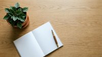 Open notebook with pen and potted plant on wooden desk surface creating minimalist workspace for writing, planning, journaling or office tasks.