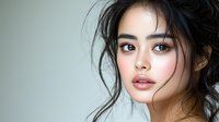Young Asian woman with natural makeup, pink lips and loose dark hair strands against light background, expressing gentle confidence and modern beauty.