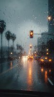 Rainy evening view through car windshield with blurred traffic lights and palm tree silhouettes creating atmospheric urban scene.