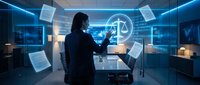 Professional woman lawyer interacting with holographic justice scales and digital documents in futuristic law office with blue ambient lighting.