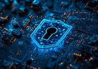 Glowing shield with keyhole icon on circuit board background in blue neon light represents cybersecurity and digital data protection concept.