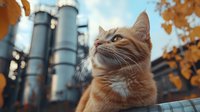 Ginger cat looking up against industrial background with metal silos and autumn foliage, dramatic low angle perspective creates striking urban nature contrast.