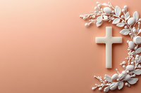 White cross and floral wreath arrangement on soft coral background, modern religious composition with delicate leaves and branches for spiritual design.