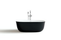 Modern black freestanding bathtub with chrome faucet on white background, minimalist bathroom interior design element, isolated luxury spa fixture.