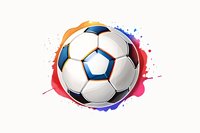 Soccer ball with vibrant watercolor splash background in blue, orange and red tones, isolated on white for sports designs and promotional materials.