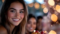 Young woman smiling at camera during festive celebration with warm bokeh lights and friends in background creating joyful party atmosphere.
