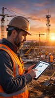 Male construction worker wearing hard hat and orange safety vest holding tablet with data analytics on active building site at sunset with cranes and equipment visible.