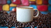 White ceramic mug with coffee on roasted coffee beans background with colorful bokeh lights, morning beverage photography for cafe and restaurant menu.