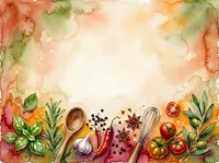 Watercolor cooking background with fresh vegetables, herbs, and kitchen utensils arranged on cream canvas. Culinary design for recipe blogs, cookbooks, food websites, menus.