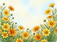 Watercolor yellow and orange cosmos flowers frame with green leaves on light background for spring summer greeting cards and invitations.