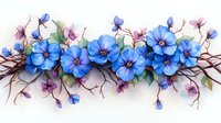 Delicate floral arrangement with bright blue and pink flowers on twigs with green leaves, creating an elegant horizontal composition on white background.