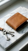 Tan leather wallet with vintage keys on white marble tray, minimalist home organization and storage styling for interior design and lifestyle content.