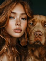 Redhead woman with freckles and blue eyes posing with chocolate labrador retriever dog against dark background. Close-up portrait showing matching colors.