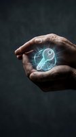 Male hands holding glowing neon key symbol with digital circuit pattern, representing cybersecurity, data protection, and access control solutions for business technology concepts.