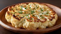 Golden roasted cauliflower steaks with fresh herbs on wooden plate, healthy vegetarian meal for restaurant menus and cooking blogs.