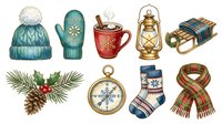 Knit winter beanie, mitten, festive mug, brass lantern, wooden sleigh, pine cone, compass, holiday sock and tartan scarf isolated on white background for seasonal design projects.