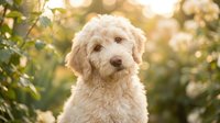 Adorable cream-colored goldendoodle puppy sitting outdoors in golden sunlight with soft bokeh background for pet care and family lifestyle content.