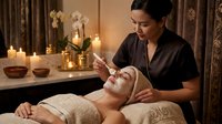 Professional spa therapist applying facial treatment to relaxed client in luxury wellness center with candles and serene ambiance for skincare rejuvenation.