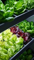 Fresh lettuce varieties growing in modern hydroponic system with water circulation. Green and purple leaves in vertical garden setup for sustainable agriculture.
