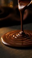 Melted chocolate pouring from ladle onto swirled chocolate base on dark surface with warm bokeh lighting, ideal for food and beverage marketing.