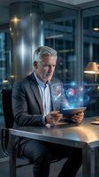 Mature male executive, Caucasian, wearing dark blazer and light blue shirt, seated at modern desk holding tablet with holographic security lock icons floating above screen in contemporary office with floor-to-ceiling windows, cybersecurity and data protection concept.