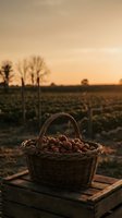 Wicker basket filled with fresh potatoes on wooden crate in agricultural field during golden hour sunset for farm harvest and organic food concepts.
