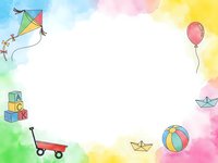 Colorful watercolor frame with children toys including kite, balloon, blocks, wagon and paper boats on white background for kids design projects.