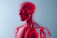 Red translucent anatomical figure showing intricate network of blood vessels and circulatory system against light blue background, medical visualization concept.