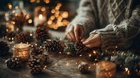 Woman in cozy knit sweater creating holiday decorations with pine cones and string lights on rustic wooden table, surrounded by warm candlelight and festive bokeh.