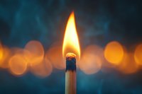 Burning wooden match with bright orange flame against dark background with blurred bokeh lights creating atmospheric mood. Perfect for concepts of hope and light.