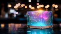 Glowing magical cube with colorful galaxy and stars inside glass box on dark surface with bokeh lights background, cosmic fantasy concept for spiritual design.