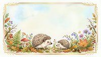 Hedgehogs surrounded by wildflowers and foliage in ornate gold frame border, suitable for children's book illustrations, greeting cards, and nursery decor designs.